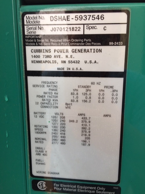 Low Hour Cummins QSL9-G2 125KW  Generator Set Item-15694 6