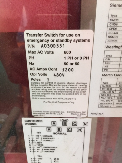 Like New Onan OTPCE-1212724 1200 Amp  Transfer Switch Item-15691 4
