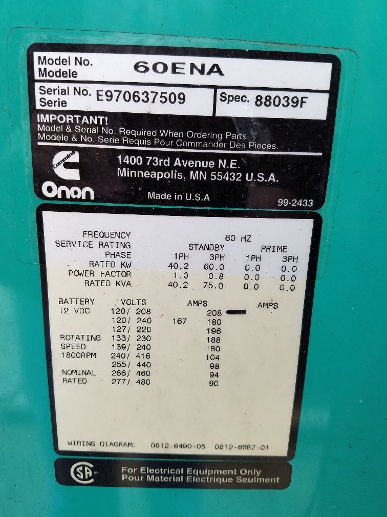 Low Hour Ford LSG-8751-6003-A 60KW  Generator Set Item-15819 6