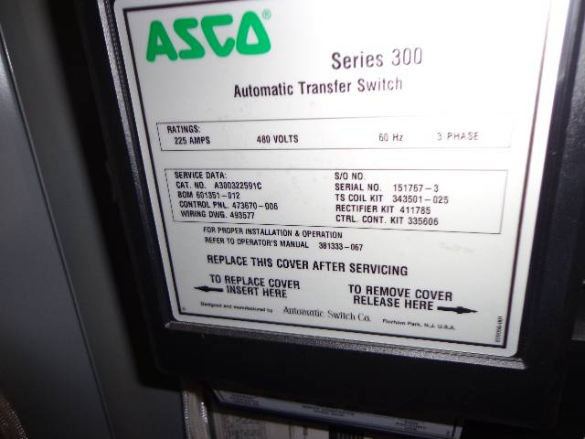 Like New ASCO 300 Series 225 Amp  Transfer Switch Item-14027 2