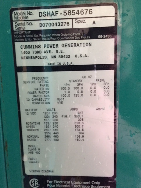 Low Hour Cummins QSL9-G2 100KW  Generator Set Item-15898 2