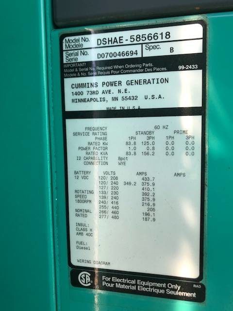 Low Hour Cummins QSL9-G2 125KW  Generator Set Item-15991 4