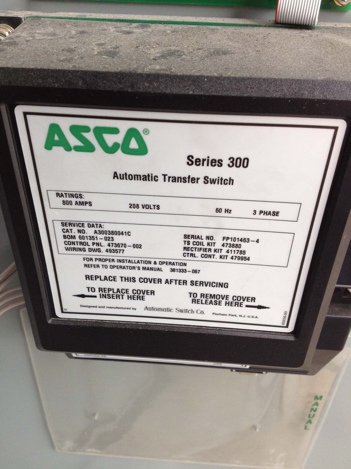 Good Used ASCO 300 Series 800 Amp  Transfer Switch Item-13587 2