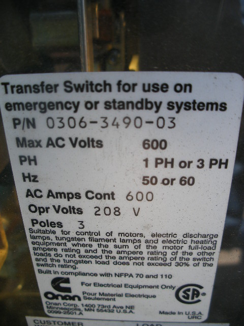 Like New Onan OTC-3383315 600 Amp  Transfer Switch Item-13658 2