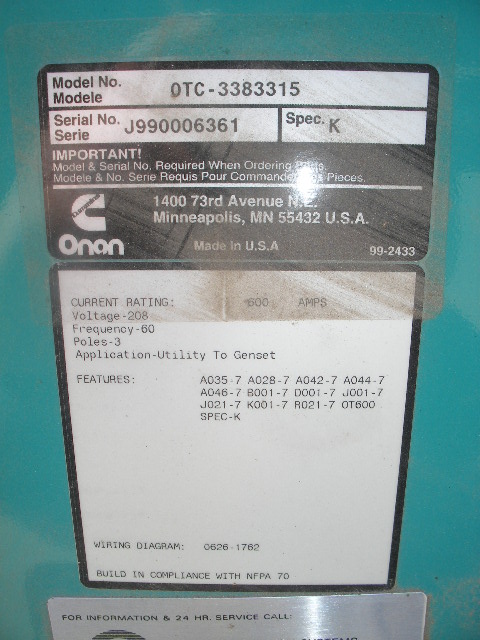 Like New Onan OTC-3383315 600 Amp  Transfer Switch Item-13658 3