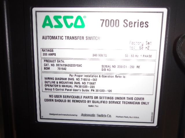 Like New ASCO D07ATSA20200F5XC 200 Amp  Transfer Switch Item-14007 2