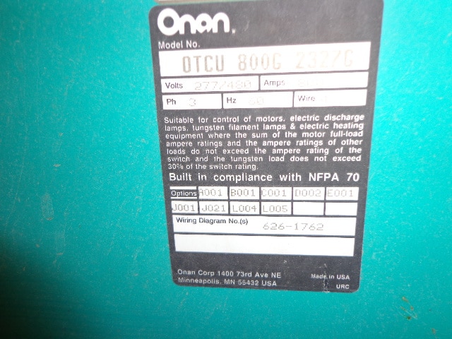 Low Hour Onan OTCU 800G2327G 800 Amp  Transfer Switch Item-14011 3