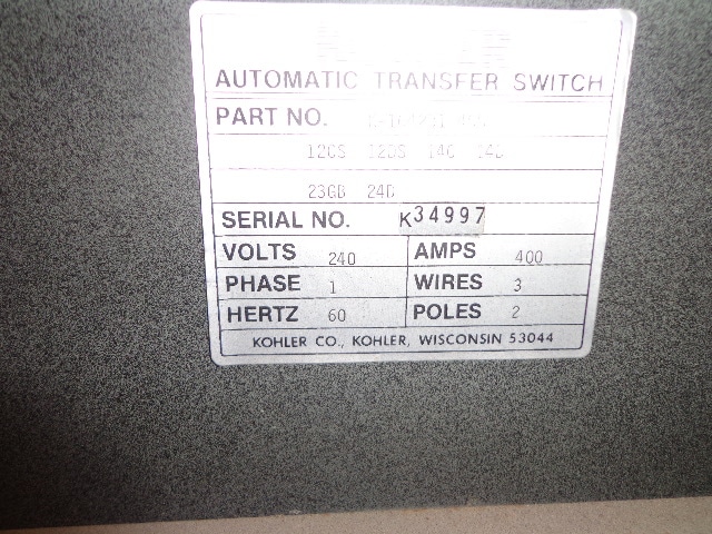Low Hour Kohler K-164231-400 400 Amp  Transfer Switch Item-14016 3