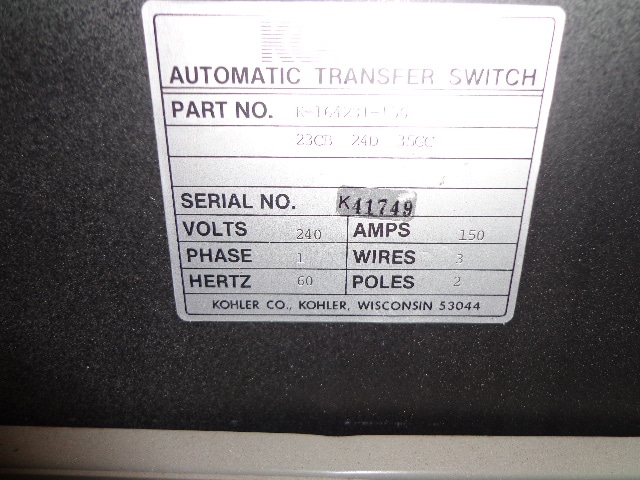 Low Hour Kohler K-164231-150 150 Amp  Transfer Switch Item-14025 3