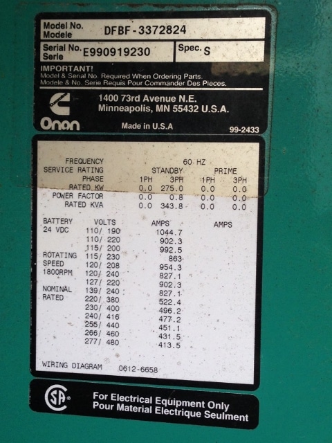 Low Hour Cummins NT855G6 275KW  Generator Set Item-14453 3