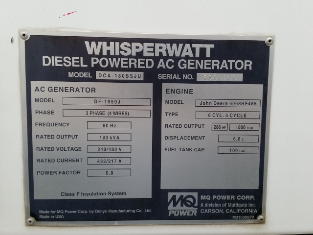 Low Hour John Deere 6068HF485 158KW  Generator Set Item-14757 0