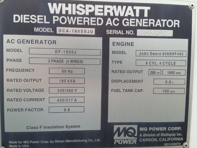 Low Hour John Deere 6068HF485 158KW  Generator Set Item-14758 2