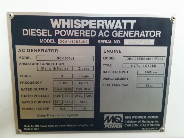 Low Hour John Deere 6068HF285 132KW  Generator Set Item-14759 4