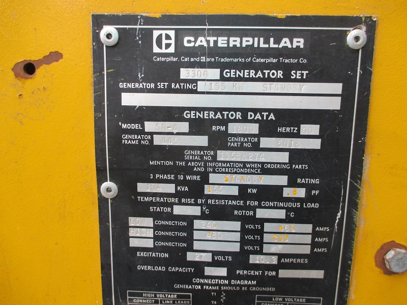 Low Hour Caterpillar 3306 PCTA 155KW  Generator Set Item-14842 2
