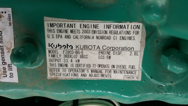 Like New Kubota F2803 25KW  Generator Set Item-14935 2
