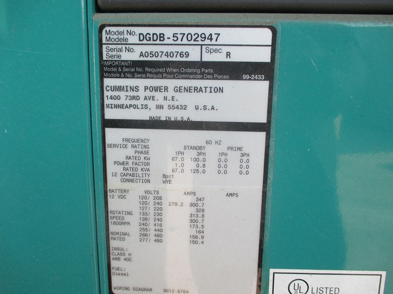Low Hour Cummins 6BT5.9-G6 100KW  Generator Set Item-14956 5