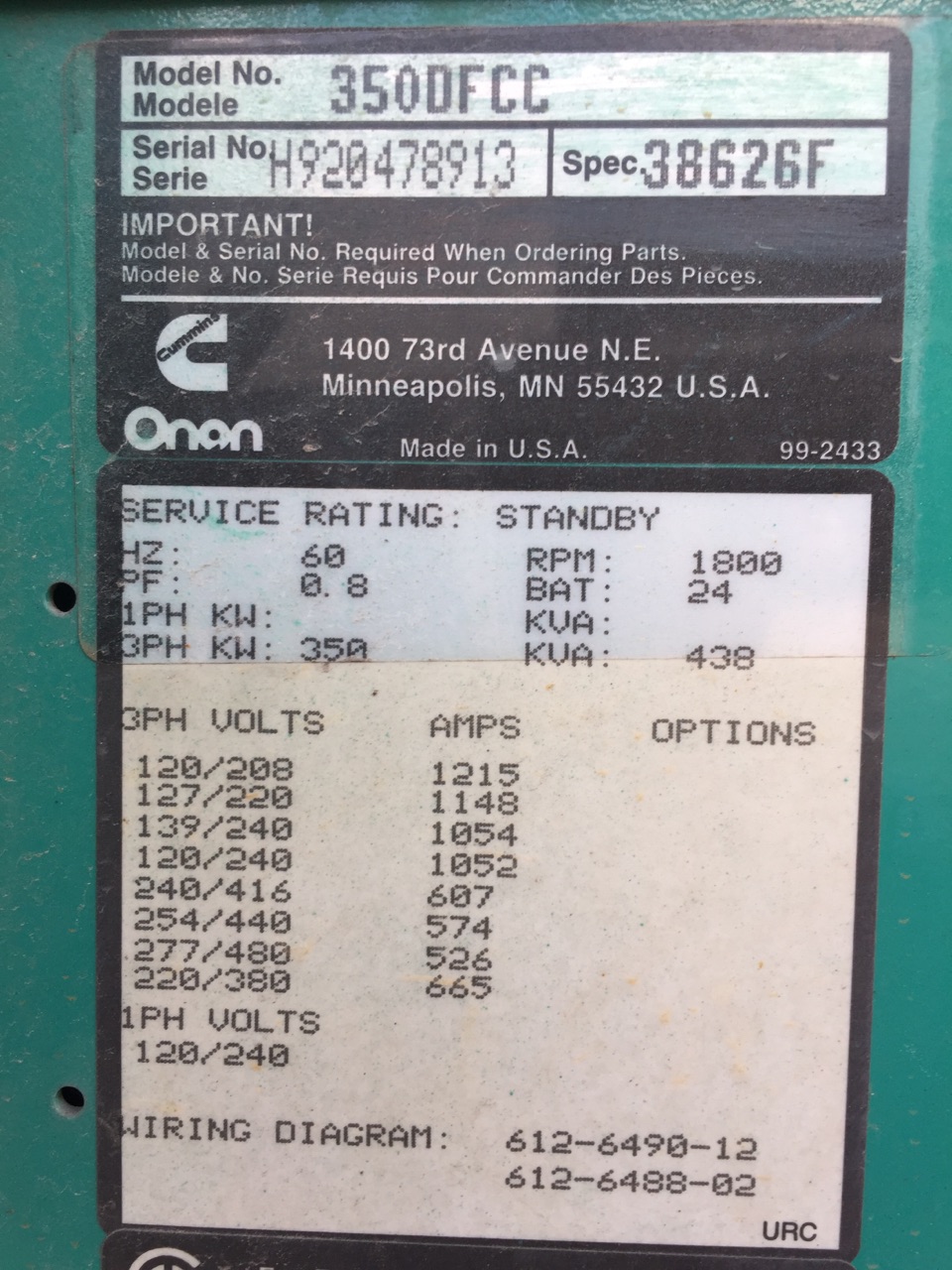 Low Hour Onan 350KW  Generator End Item-15297 7