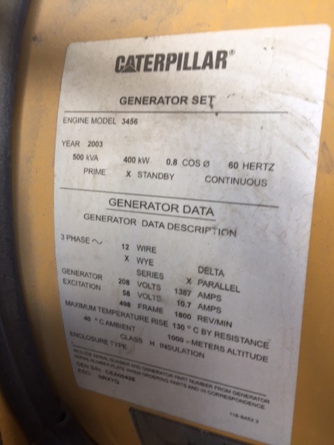 Low Hour Caterpillar 3456 DITA 400KW  Generator Set Item-16049 16