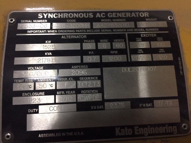 New Surplus Kato 1525KW  Generator End Item-16326 3