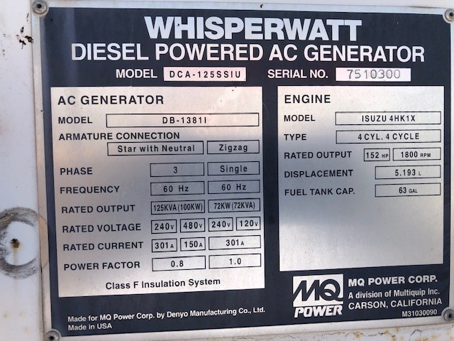Good Used Isuzu 4HK1X 100KW  Generator Set Item-16564 16