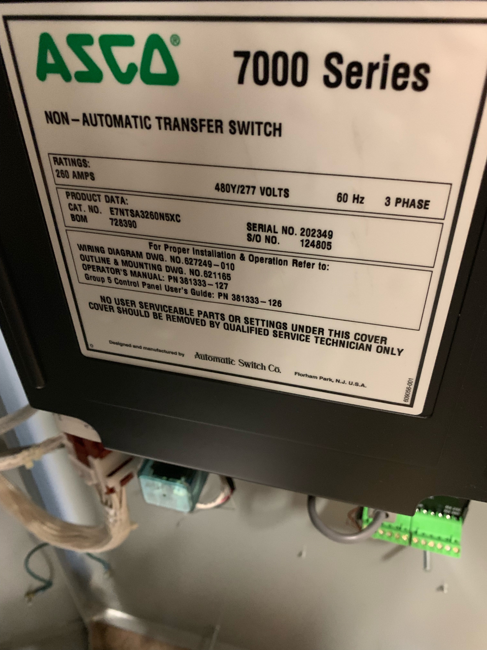 Low Hour ASCO Series 7000 260 Amp  Transfer Switch Item-16582 4
