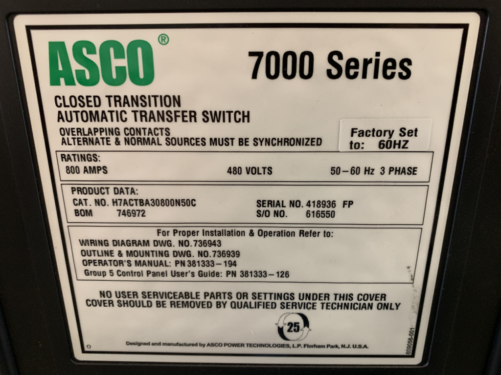 Low Hour ASCO H7ACTBA30800N50C 800 Amp  Transfer Switch Item-16580 3