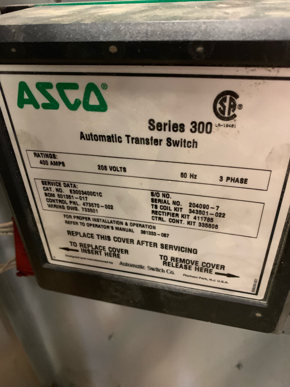 Low Hour ASCO Series 300 400 Amp  Transfer Switch Item-16578 2