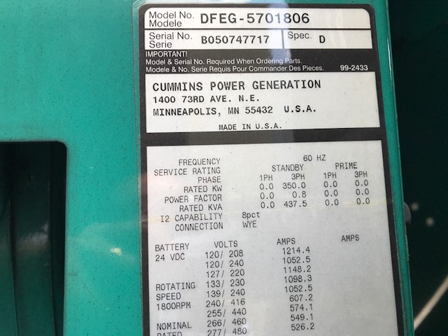 Low Hour Cummins QSX15-G9 350KW  Generator Set Item-16550 9