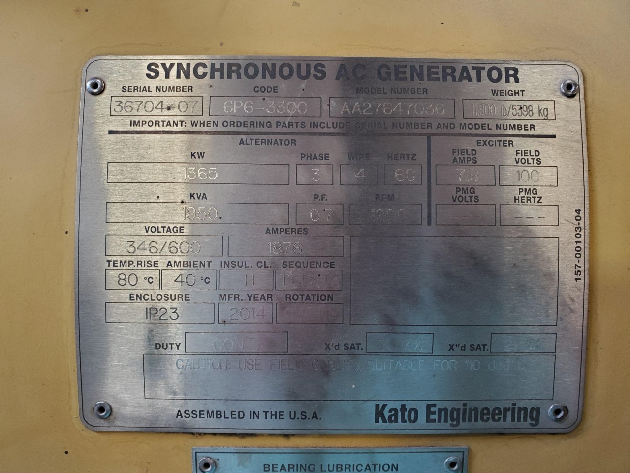New Surplus Kato 1365KW  Generator End Item-16791 4