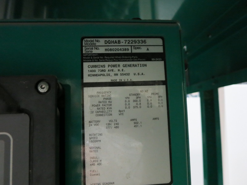 Low Hour Cummins QSM11-G4 300KW  Generator Set Item-17110 7