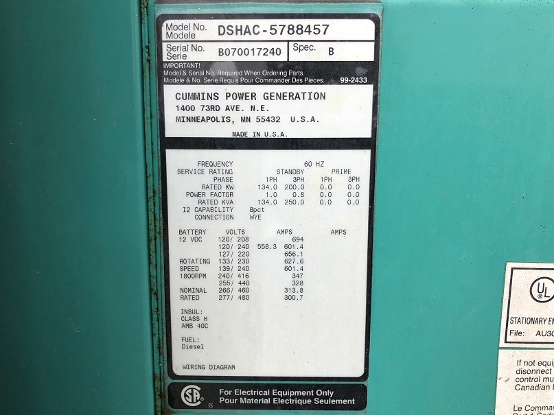 Low Hour Cummins QSL9-G2 NR3 200KW  Generator Set Item-17097 8