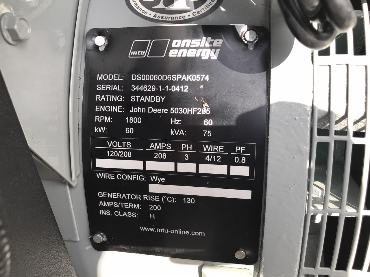 Low Hour John Deere 5030HF285 60KW  Generator Set Item-17145 5
