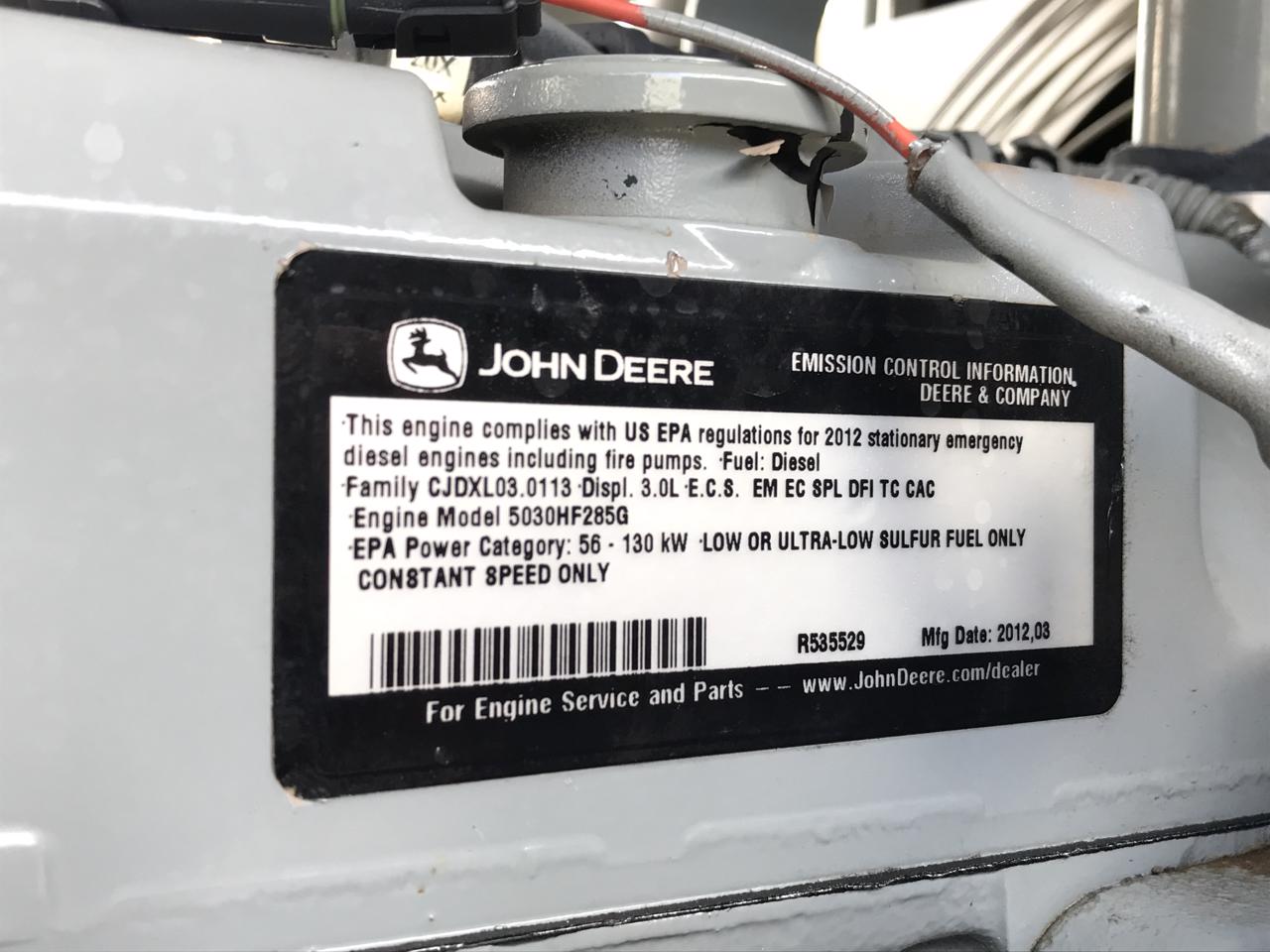 Low Hour John Deere 5030HF285 60KW  Generator Set Item-17145 7