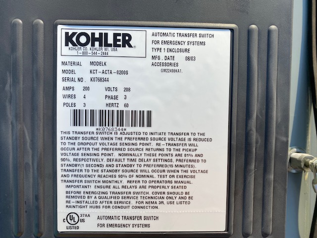 Good Used Kohler KCT-ACTA-022S 200 Amp  Transfer Switch Item-17117 2