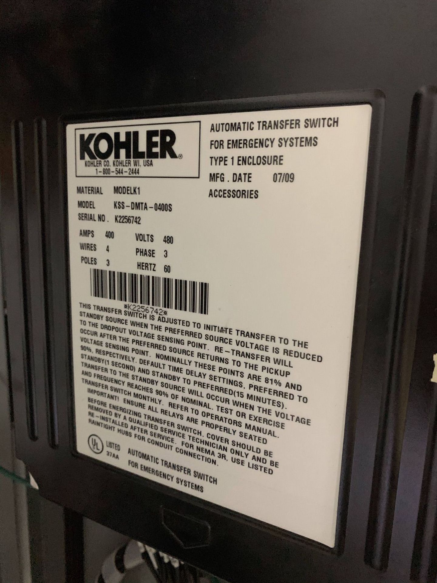 Low Hour Kohler KSS-DMTA-0400S 400 Amp  Transfer Switch Item-17227 1