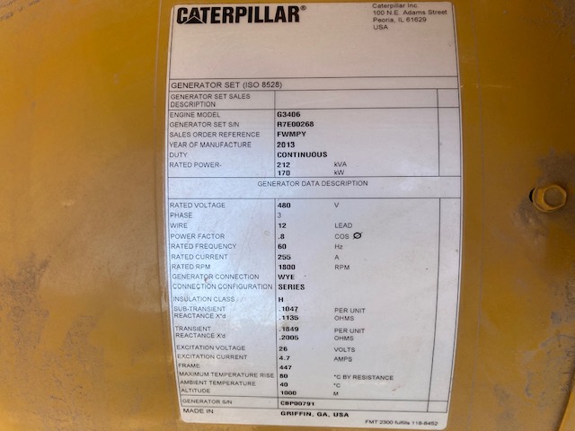 New Surplus Caterpillar G3406 TA 170KW  Generator Set Item-17299 1