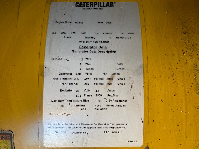 Low Hour Caterpillar G3412C LE 375KW  Generator Set Item-17247 7