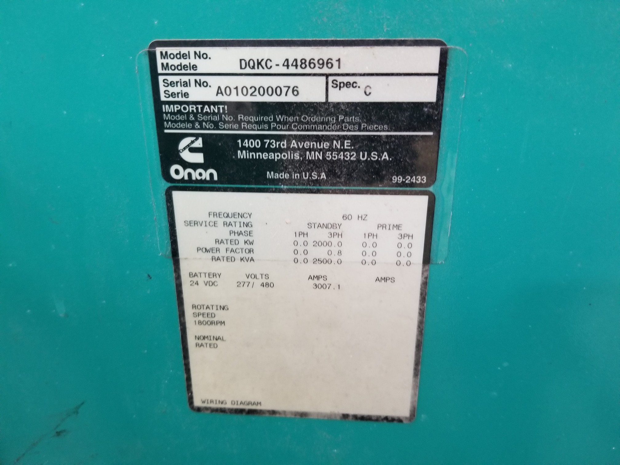Low Hour Newage 2000KW  Generator End Item-17380 5
