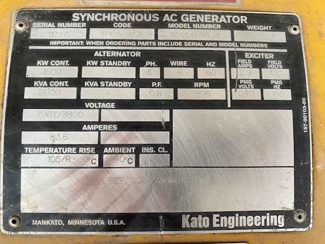 Low Hour Kato 1600KW  Generator End Item-17869 7
