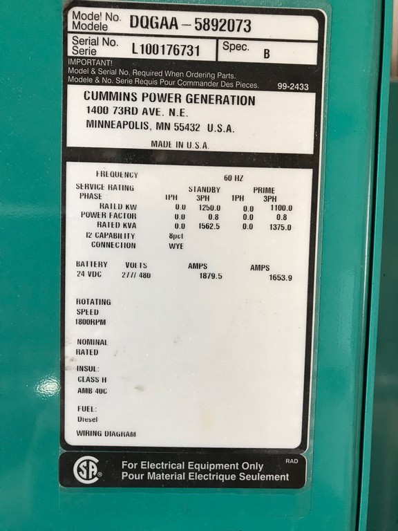 New Surplus Cummins QSK50-G4 1250KW  Generator Set Item-18028 10