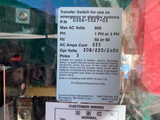 Low Hour Onan OTPCB 225 Amp  Transfer Switch Item-18781 6