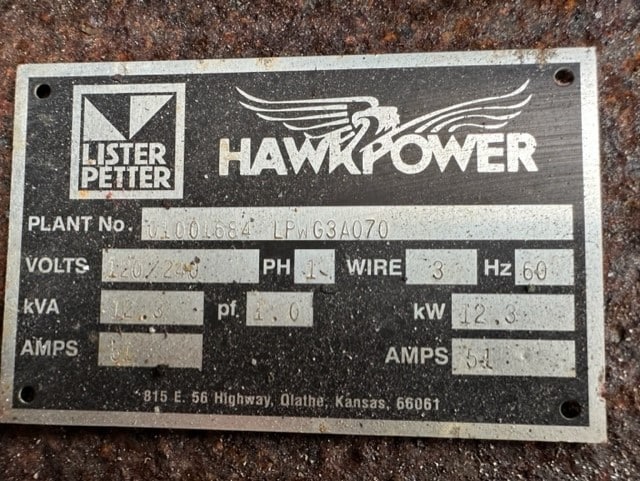 Low Hour  Lister-Petter LPWG3 12KW  Generator Set Item-18784 7