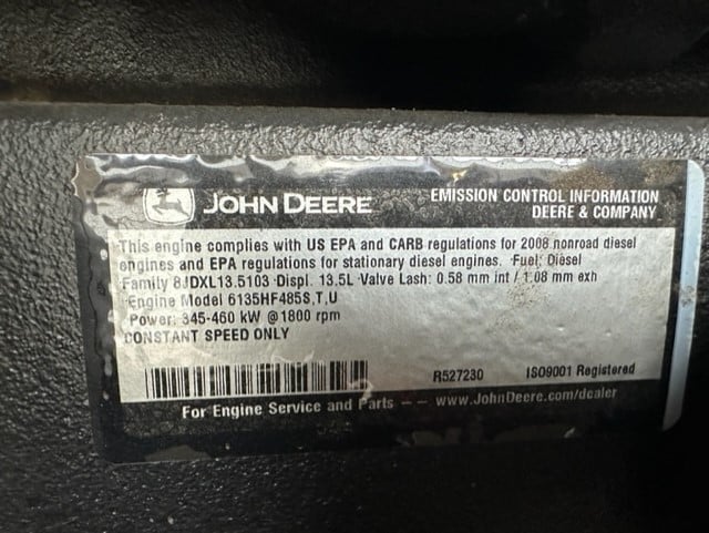 Low Hour John Deere 6135HF485 350KW  Generator Set Item-19076 10
