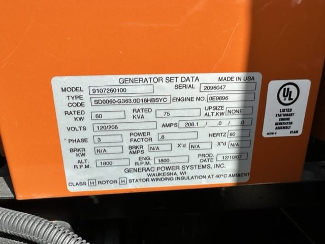 Low Hour John Deere 5030HF270 60KW  Generator Set Item-19112 8