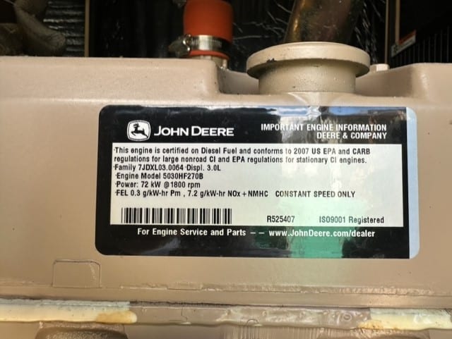 Low Hour John Deere 5030HF270 60KW  Generator Set Item-19112 12