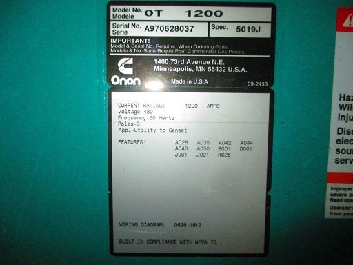 Low Hour Onan OT1200 1200 Amp  Transfer Switch Item-16331 4