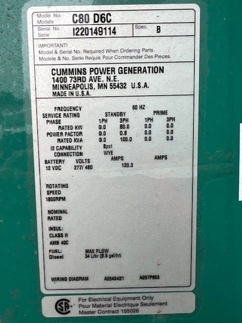 New Surplus Cummins DC6 80KW  Generator Set Item-19110 3