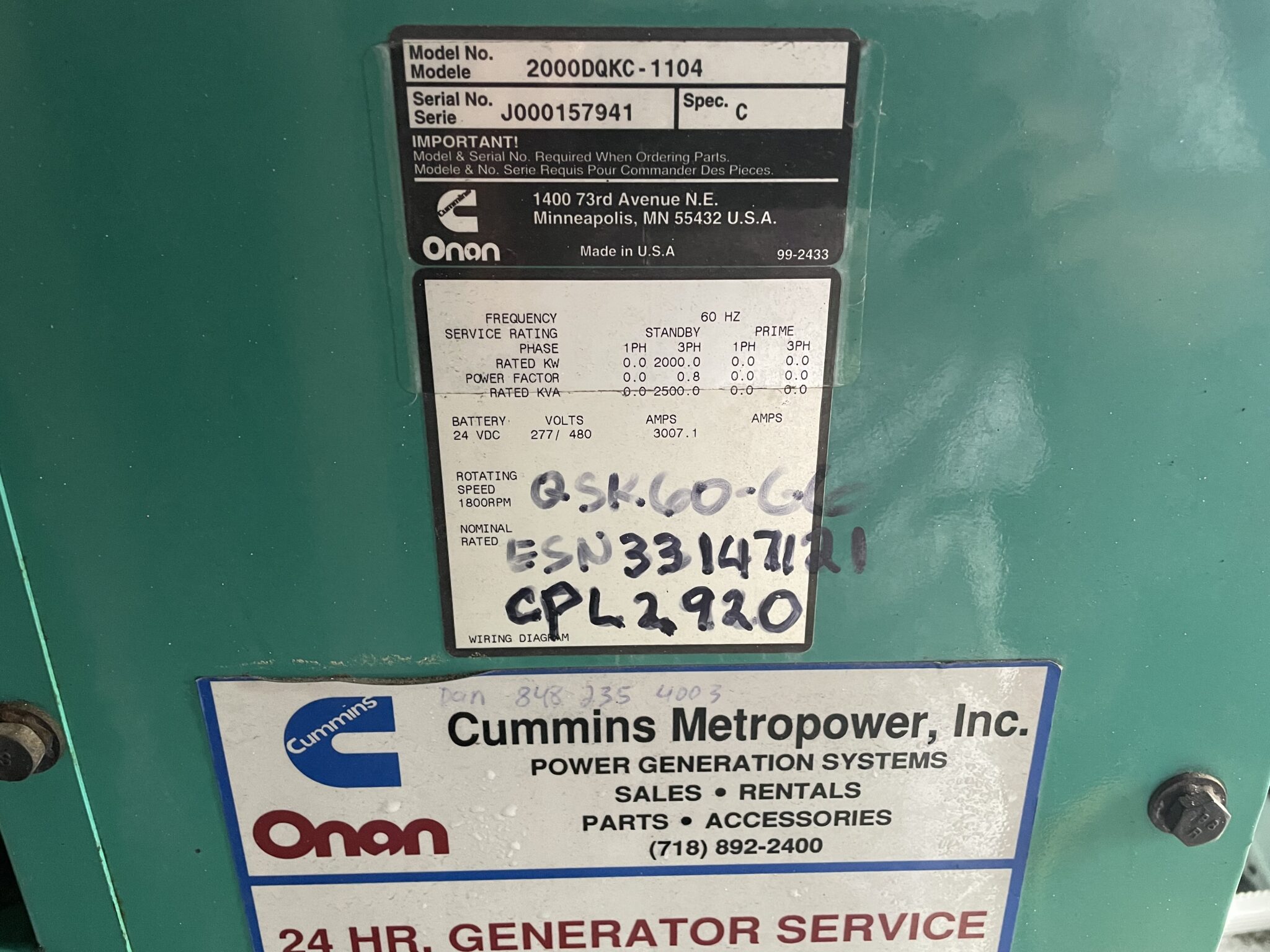 Low Hour Cummins QSK60-G6 2000KW  Generator Set Item-19469 12